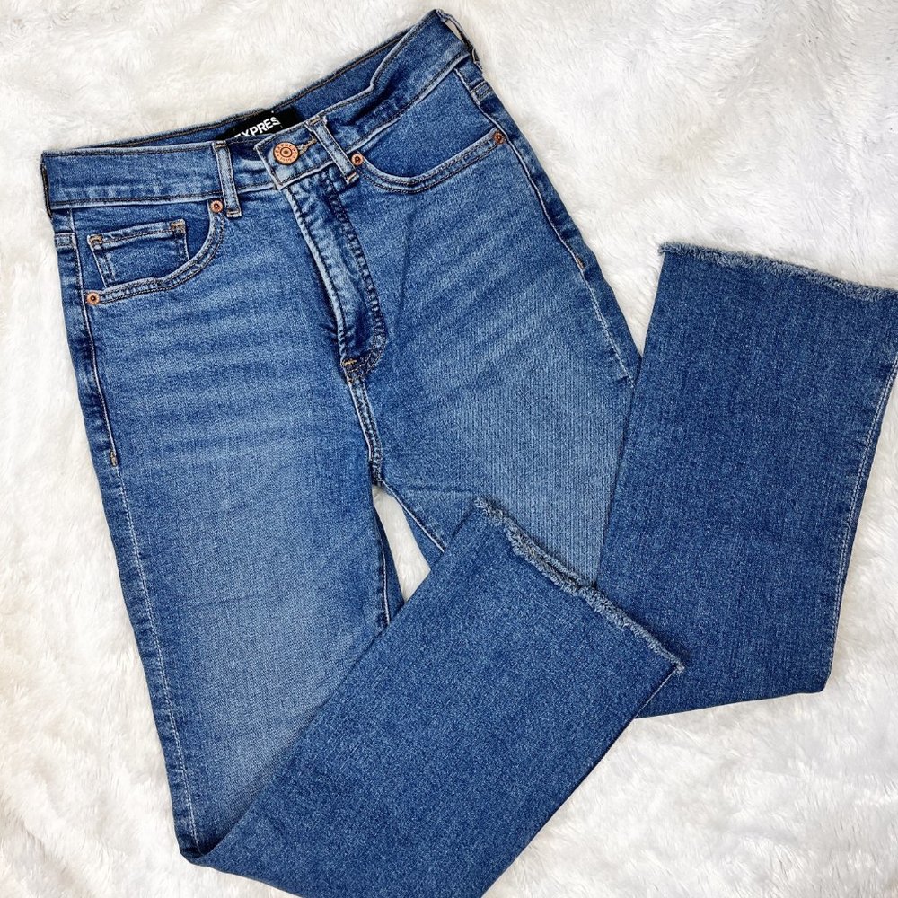 Express High Rise Cropped Flare Jeans with Frayed Hem Women Size 00